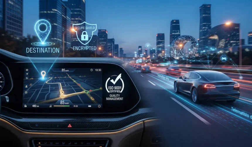 Futuristic vehicle dashboard displaying U-Track's advanced telematics map, featuring military-grade encrypted GPS tracking, smart city data integration, and ISO 9001 certified quality management