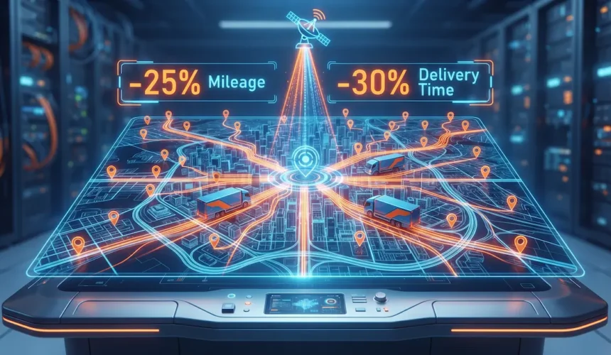 Route Optimization Software Map Showing Reduced Mileage and Delivery Time