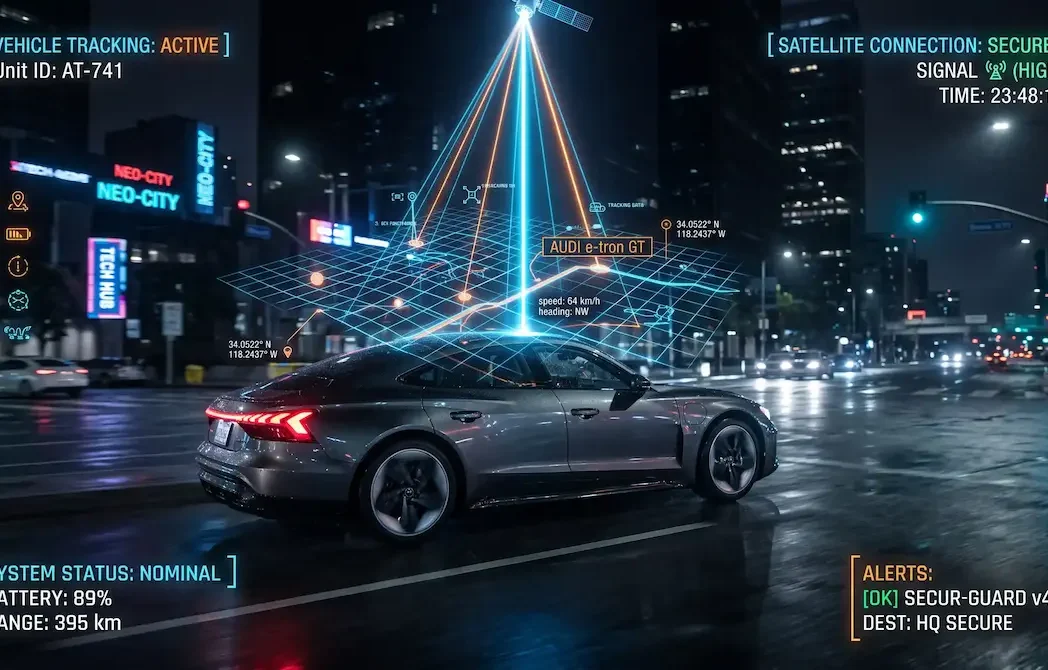 Advanced vehicle GPS tracking system interface displaying live satellite telemetry, speed, and battery monitoring on a luxury EV.