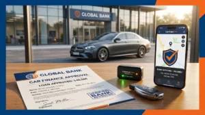 Bank leased car tracker on automotive financing documents with OBD tracking unit in Pakistan