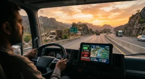 A high-tech GPS telematics dashboard mounted inside a commercial truck cab on a Pakistani highway, displaying fuel and route tracking.