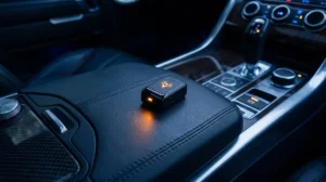A tiny mini GPS tracker for cars resting on a premium center console, highlighting discreet vehicle security in Pakistan.