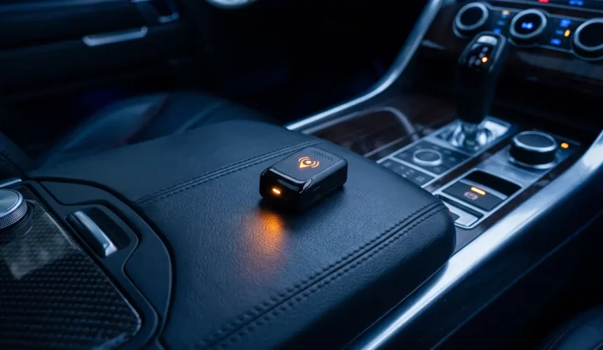 A tiny mini GPS tracker for cars resting on a premium center console, highlighting discreet vehicle security in Pakistan.