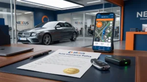 Official car insurance policy document beside a certified GPS tracker unlocking premium discount in Pakistan