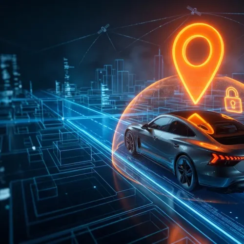 A modern car protected by a glowing orange GPS security dome and padlock, representing advanced vehicle telematics from the best car tracker companies in Pakistan.