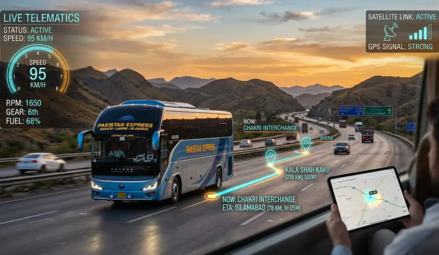 Modern intercity bus cruising on a Pakistani motorway with live GPS tracking route overlay and telemetry