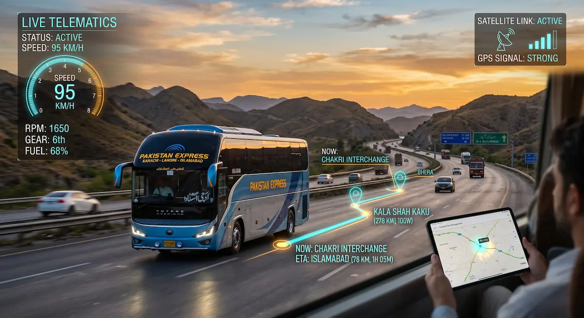 Modern intercity bus cruising on a Pakistani motorway with live GPS tracking route overlay and telemetry