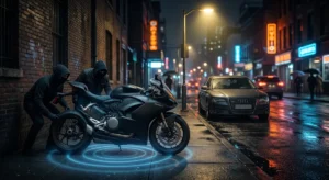 A sleek motorcycle parked at night with a glowing blue GPS tracker indicator