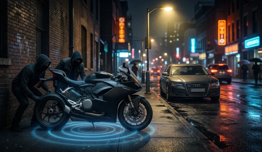 A sleek motorcycle parked at night with a glowing blue GPS tracker indicator