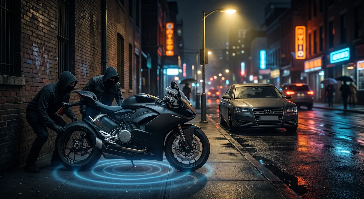 A sleek motorcycle parked at night with a glowing blue GPS tracker indicator