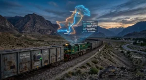 A Pakistan Railways freight train equipped with a solar-powered GPS tracker, featuring a digital live route map overlay