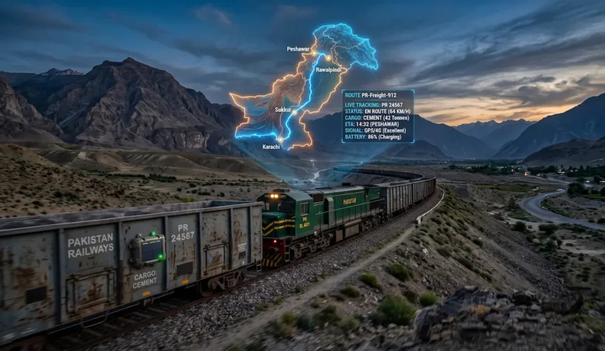 A Pakistan Railways freight train equipped with a solar-powered GPS tracker, featuring a digital live route map overlay
