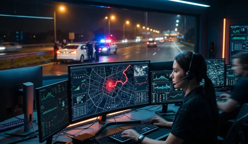 24/7 telematics control room operators tracking and recovering a stolen vehicle using live GPS telemetry in Pakistan.