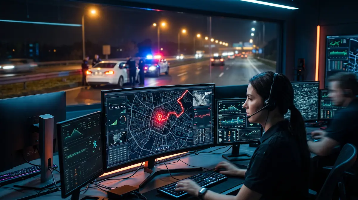 24/7 telematics control room operators tracking and recovering a stolen vehicle using live GPS telemetry in Pakistan.