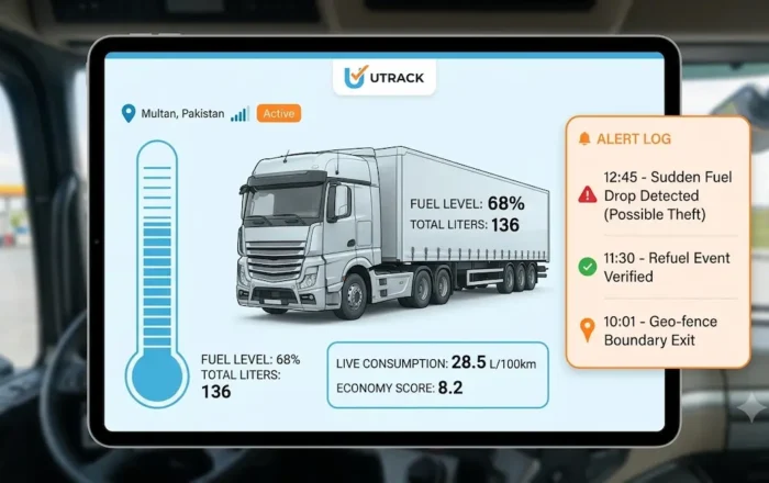 U-Track high-precision digital fuel monitoring sensor tracking consumption for a commercial fleet.