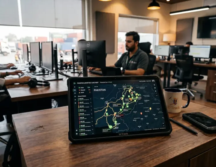 U-Track fleet management dashboard on a tablet showing multiple commercial vehicles tracked live across Pakistan.