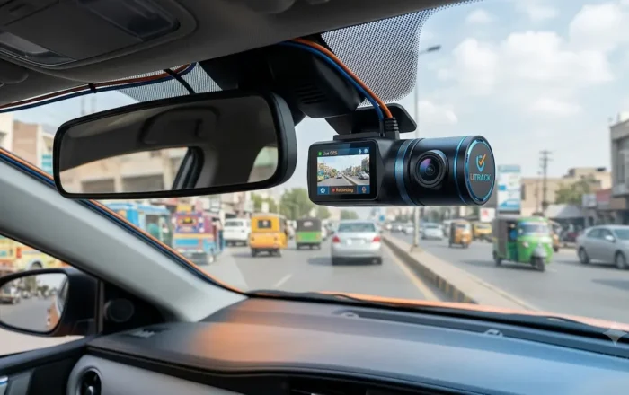 U-Track dual-lens dash camera recording 1080p video from inside a car dashboard in Pakistan.