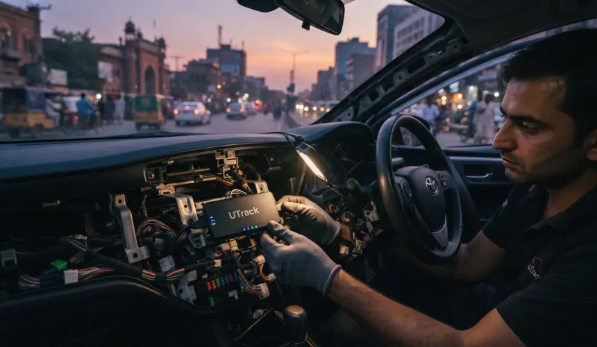 Technician installing a certified UTrack GPS car tracker behind a vehicle dashboard in Pakistan