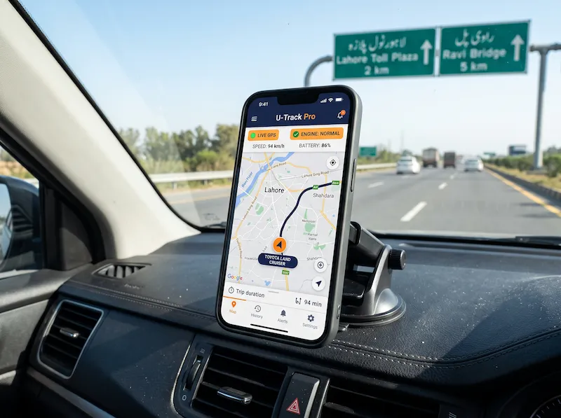 U-Track mobile application on a vehicle dashboard displaying real-time GPS tracking, engine status, and nationwide fleet monitoring across Pakistan.