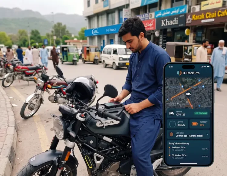 U-Track waterproof GPS tracker installed on a modern motorcycle, displaying live location security on a mobile app in Pakistan.