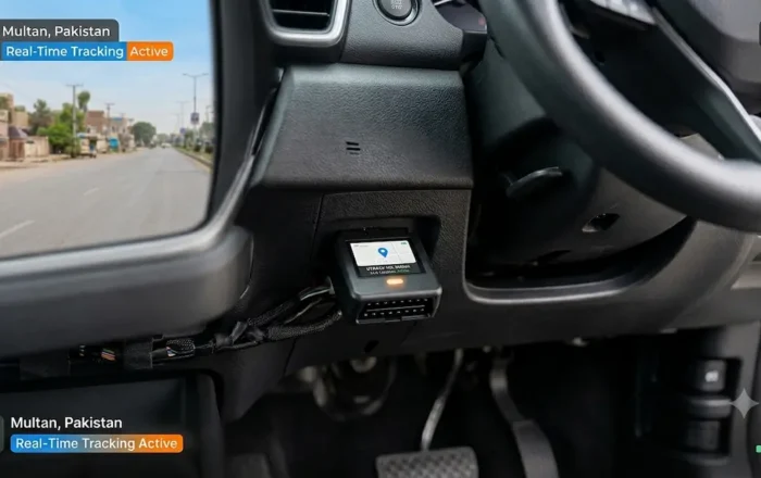 U-Track plug and play OBD GPS tracker installed under a car steering wheel for real-time tracking.