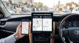 A visual comparison of UTrack and TPL Tracker interfaces on a vehicle dashboard, highlighting the superior real-time tracking, 24/7 monitoring, and 17 years of trusted telematics service provided by UTrack in Pakistan.