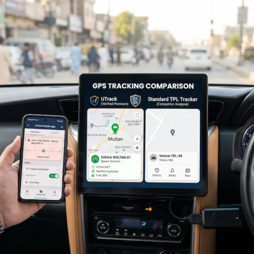 A visual comparison of UTrack and TPL Tracker interfaces on a vehicle dashboard, highlighting the superior real-time tracking, 24/7 monitoring, and 17 years of trusted telematics service provided by UTrack in Pakistan.