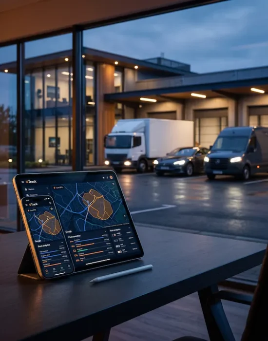 UTrack real-time GPS fleet management software dashboard shown on tablet alongside monitored commercial vehicles in Pakistan.